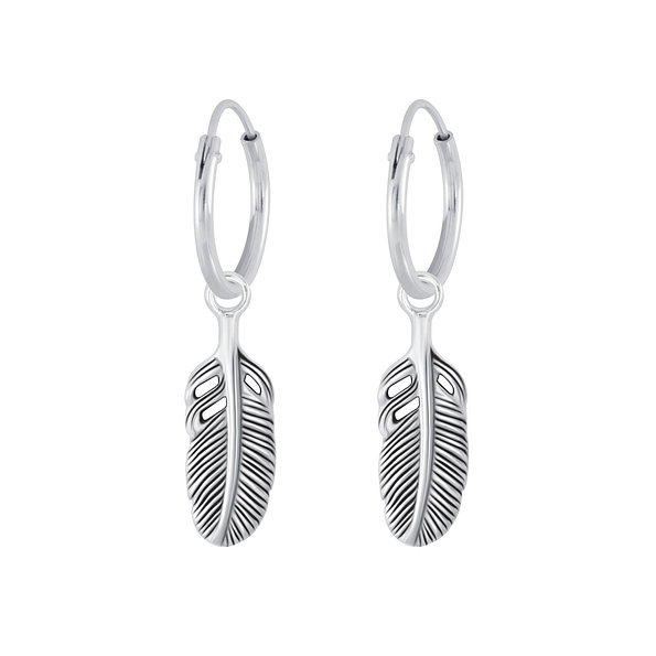 Silver Feather Charm Hoop Earrings - 4462