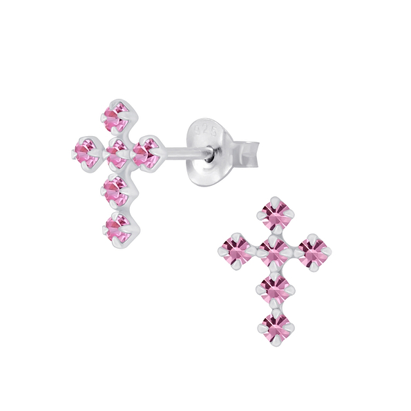 Silver Cross Crystal Stud Earrings - 5116