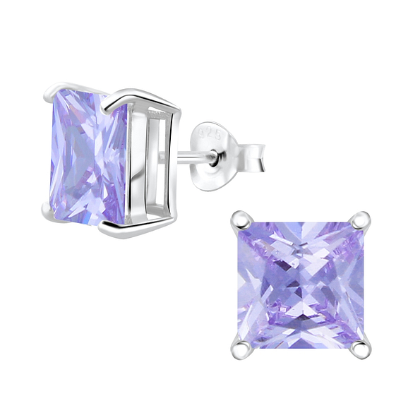 8mm Square Cubic Zirconia Silver Stud Earrings - 4744