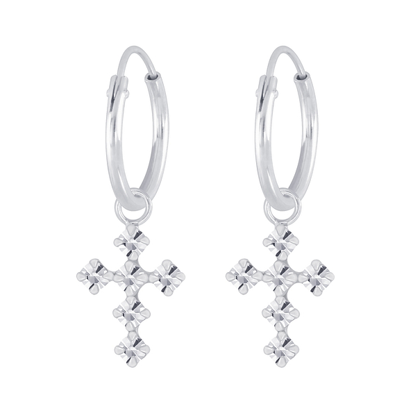 Silver Cross Crystal Charm Hoop Earrings - 5167