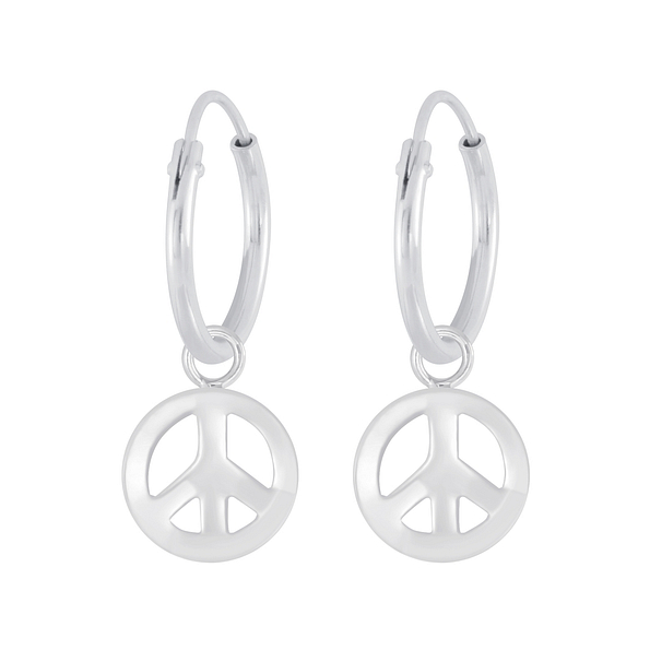 Silver Peace Symbol Charm Hoop Earrings - 4964