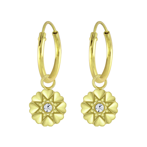 Silver Flower Crystal Charm Hoop Earrings - 5715