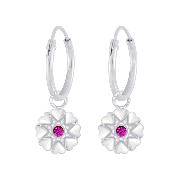 Silver Flower Crystal Charm Hoop Earrings - 5700