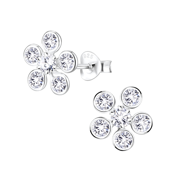Silver Flower Cubic Zirconia Stud Earrings - 8320