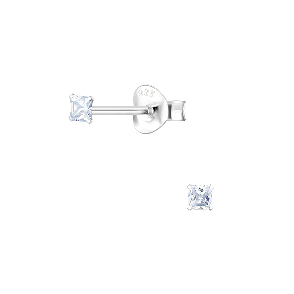 2mm Square Cubic Zirconia Silver Stud Earrings - 5413