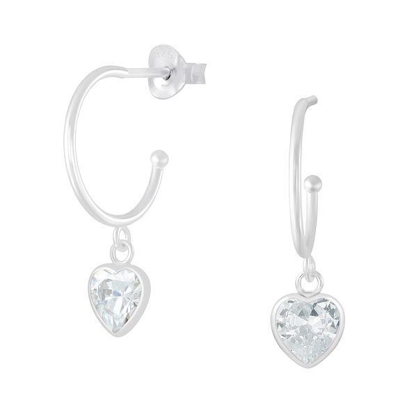 Silver Half Hoop with Hanging Heart Stud Earrings - 5726