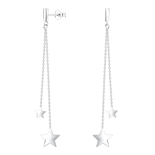 Silver Star Stud Earrings With Chain - 5478 Silver Star Stud Earrings With Chain - 5478