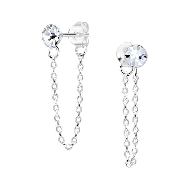 4mm Crystal Silver Stud Earrings with Chain - 5684