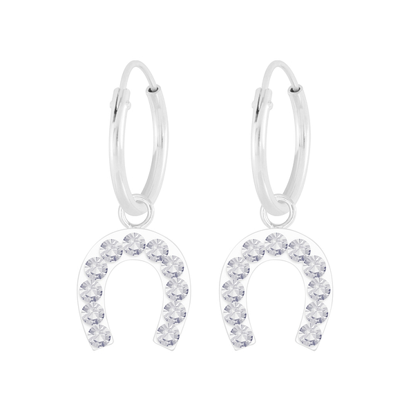 Silver Horseshoe Crystal Charm Hoop Earrings - 5624