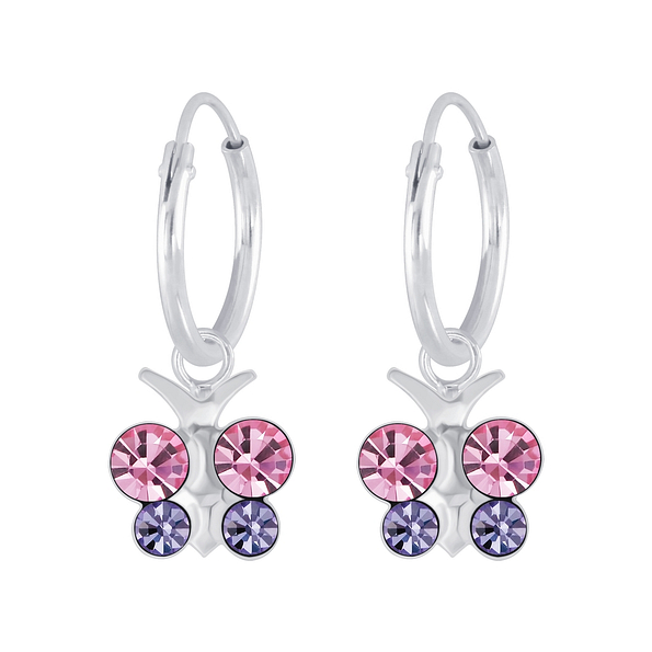 Silver Butterfly Crystal Charm Hoop Earrings - 7127