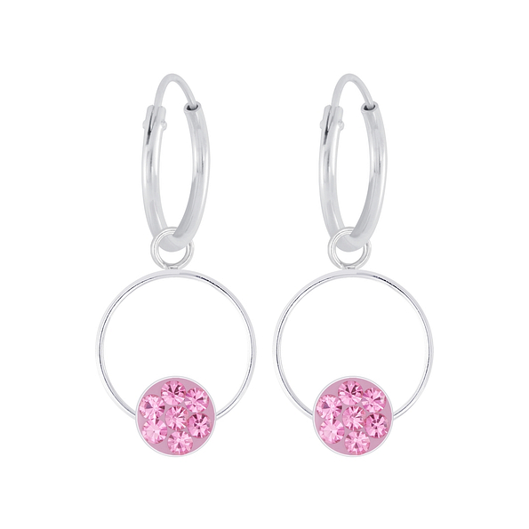 Silver Round Crystal Charm Hoop Earrings - 5687