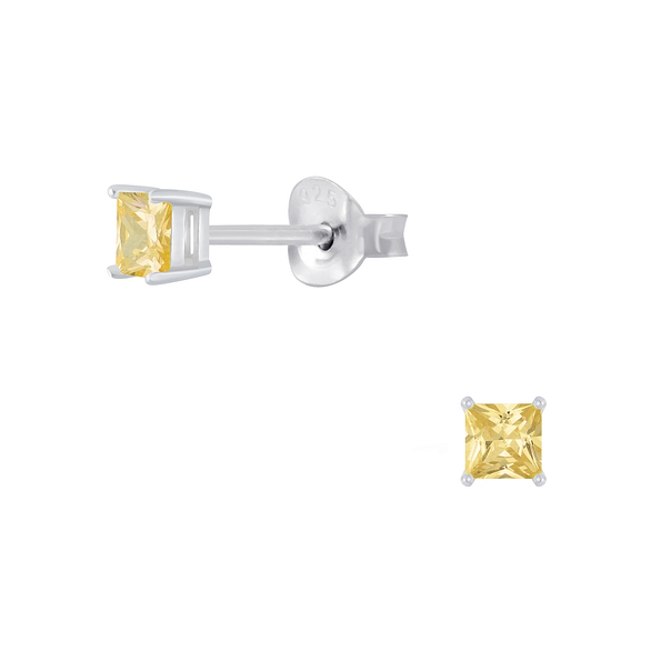 3mm Square Cubic Zirconia Silver Stud Earrings - 2052