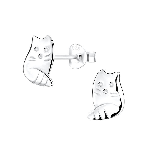Silver Cat Stud Earrings - 5037