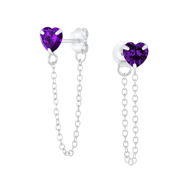 4mm Heart Cubic Zirconia Silver Stud Earrings with Chain - 6201
