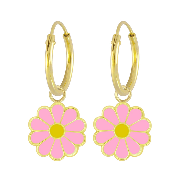 Silver Daisy Flower Charm Hoop Earrings - 6024