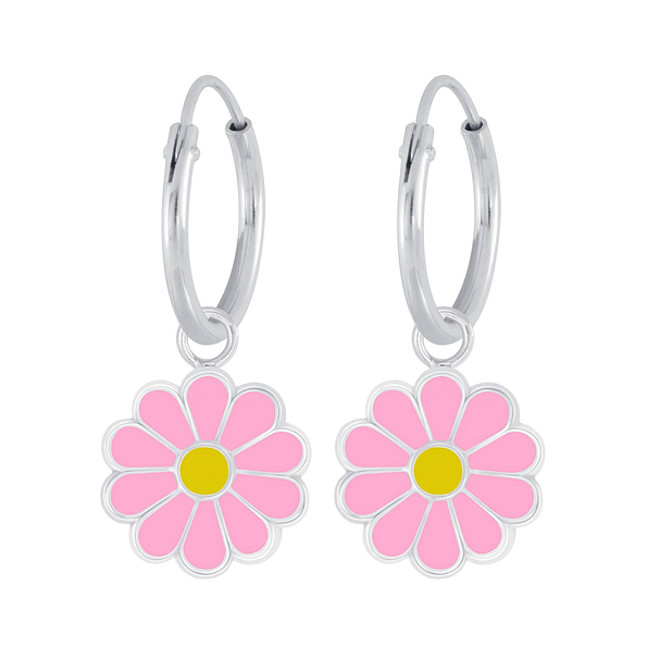 Silver Daisy Flower Charm Hoop Earrings - 6026