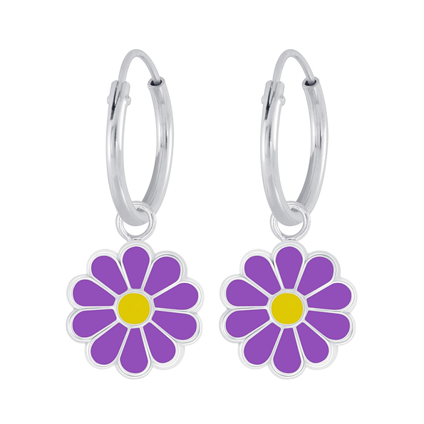 Silver Daisy Flower Charm Hoop Earrings - 6273