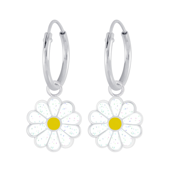 Silver Daisy Flower Charm Hoop Earrings - 6020