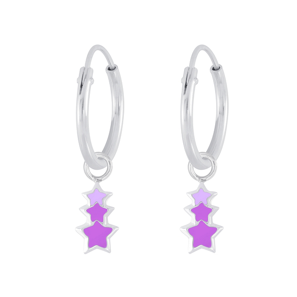 Silver Triple Star Charm Hoop Earrings - 6220