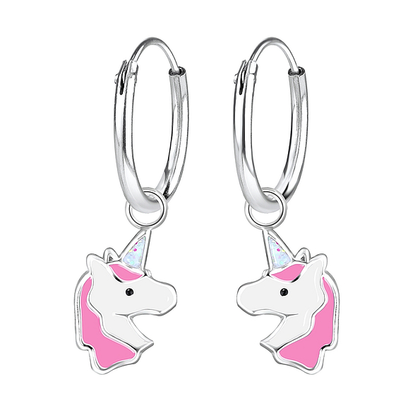 Silver Unicorn Charm Hoop Earrings - 2958 Silver Unicorn Charm Hoop Earrings - 2958