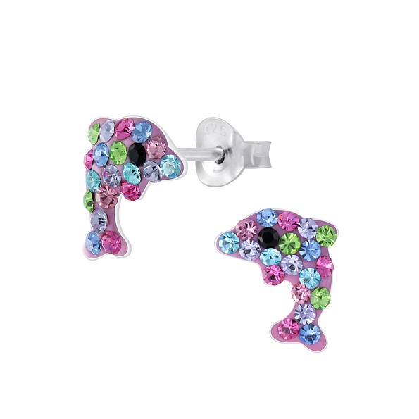 Silver Dolphin Crystal Stud Earrings - 6362