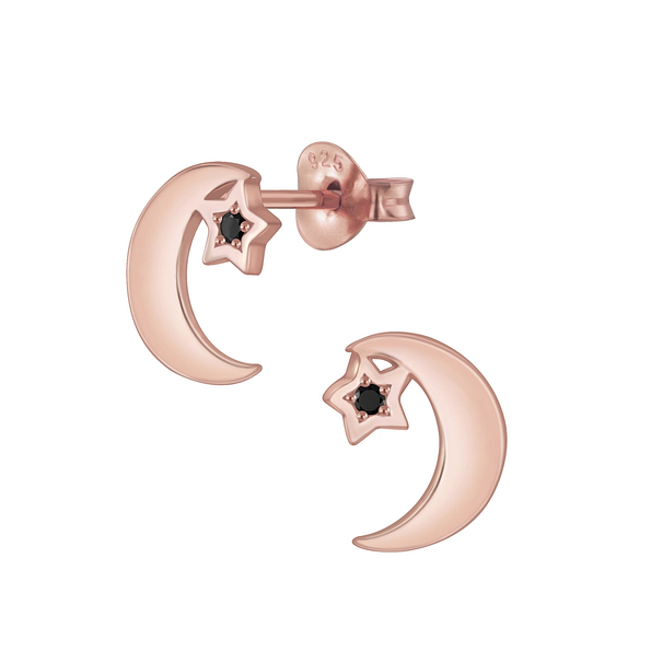 Silver Star Moon Cubic Zirconia Stud Earrings - 5789