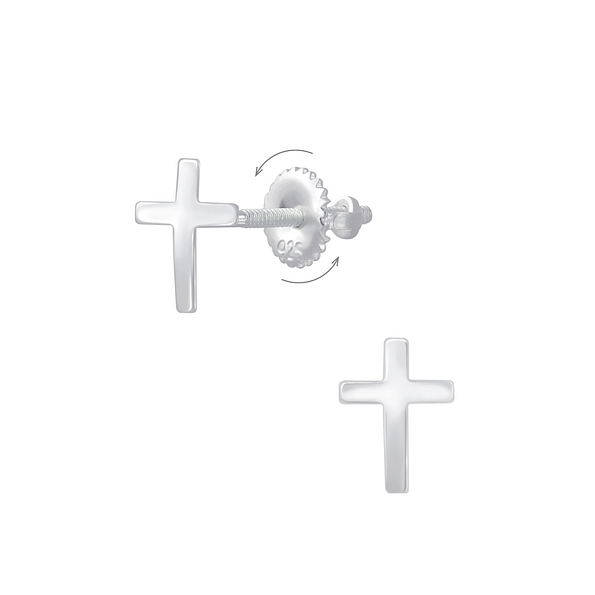 Silver Cross Screw Back Earrings - 6284