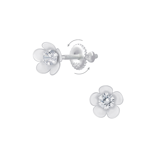Silver Flower Screw Back Earrings - 6280