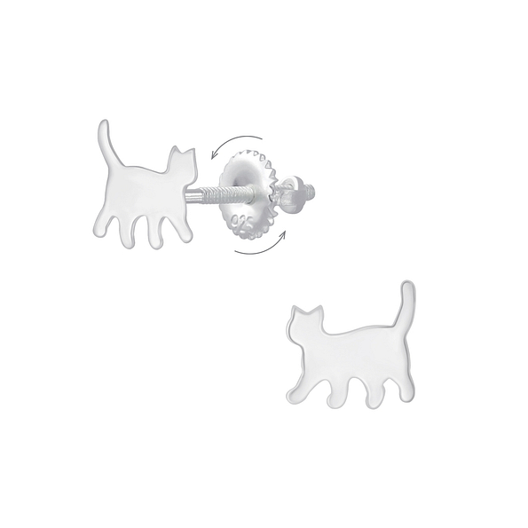 Silver Cat Screw Back Earrings - 6285