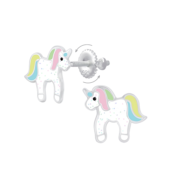 Silver Unicorn Screw Back Earrings - 6324