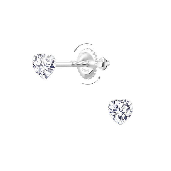 4mm Heart Cubic Zirconia Silver Screw Back Earrings - 6239