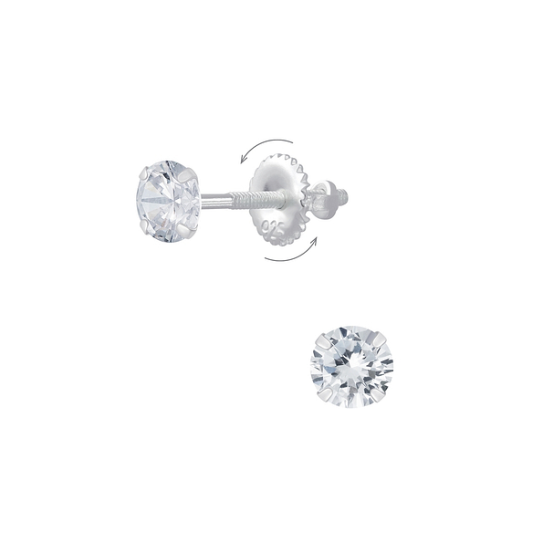 4mm Round Cubic Zirconia Silver Screw Back Earrings - 6241