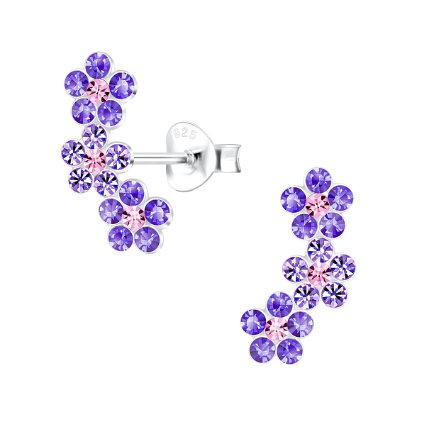 Silver Triple Crystal Flower Stud Earrings - 6222