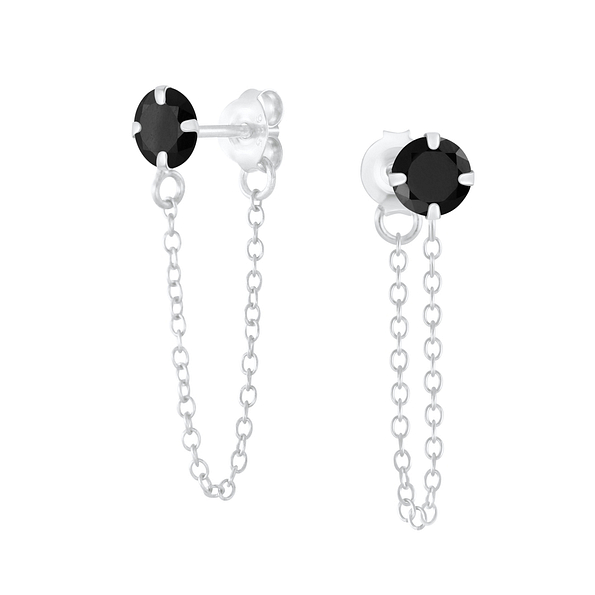 4mm Round Cubic Zirconia Silver Stud Earrings with Chain - 6203