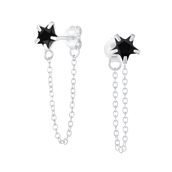 6mm Star Cubic Zirconia Silver Stud Earrings with Chain - 6214