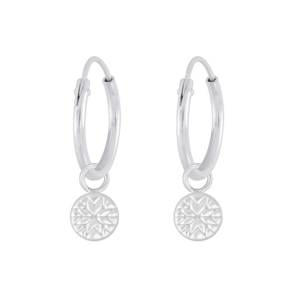 Silver Patterned Charm Hoop Earrings - 6605