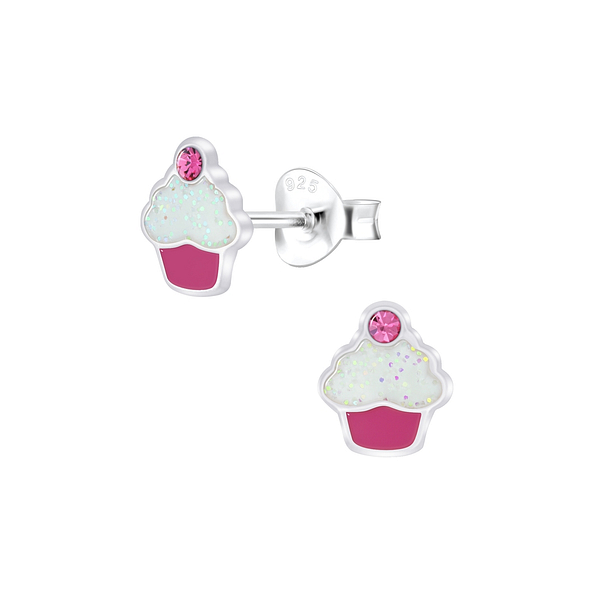 Silver Cupcake Crystal Stud Earrings - 5945
