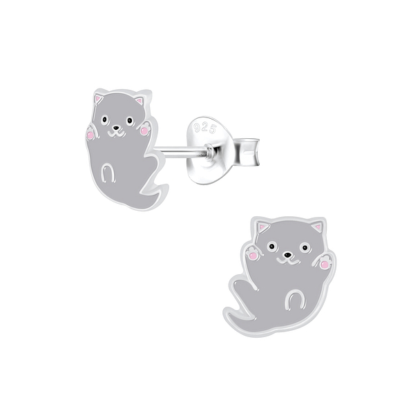 Silver Cat Stud Earrings - 5832