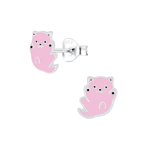 Silver Cat Stud Earrings - 5833