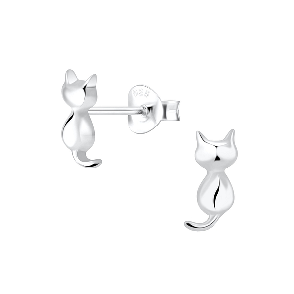 Silver Cat Stud Earrings - 6707
