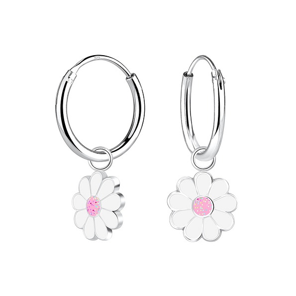 Silver Daisy Flower Charm Hoop Earrings - 6701 Silver Daisy Flower Charm Hoop Earrings - 6701
