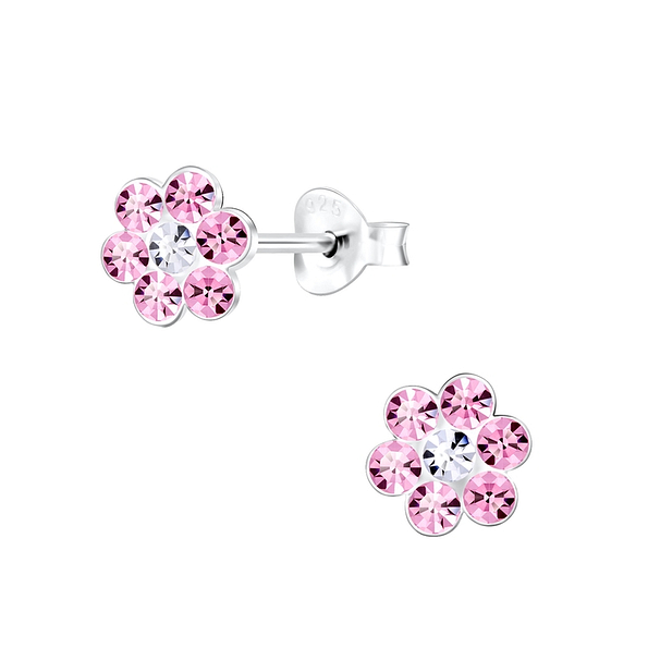 Silver Crystal Flower Stud Earrings - 1570