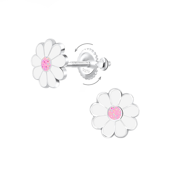 Silver Daisy Screw Back Earrings - 6848