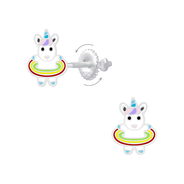 Silver Hula Hooping Unicorn Screw Back Earrings - 6868