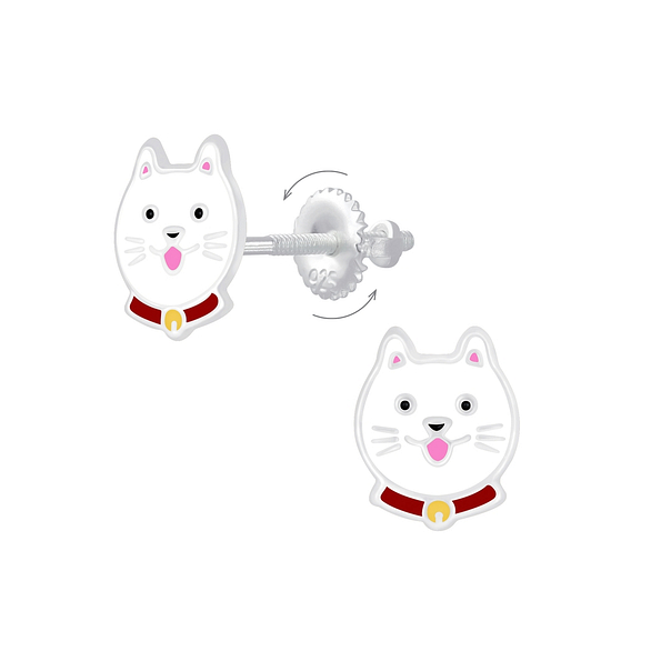 Silver Cat Screw Back Earrings - 6860