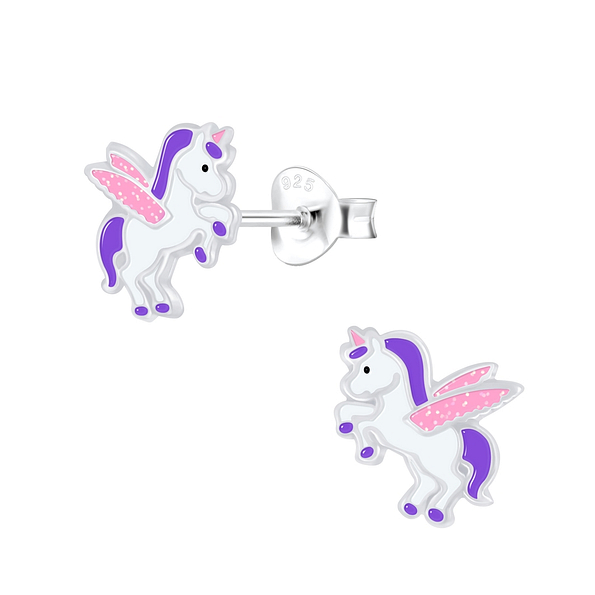 Silver Winged Unicorn Stud Earrings - 6867