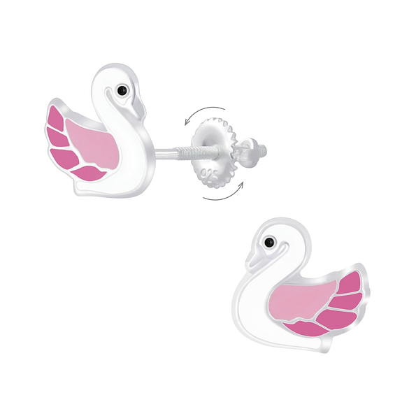 Silver Swan Screw Back Earrings - 6958