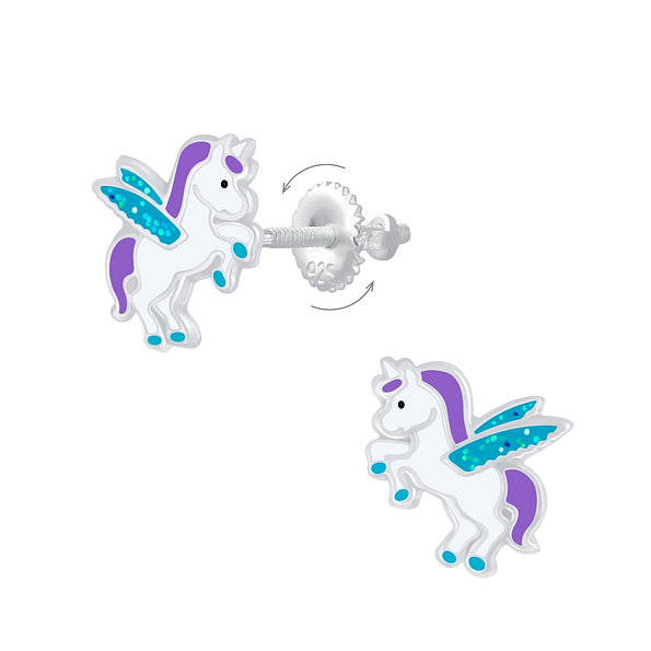 Silver Winged Unicorn Screw Back Earrings - 7011