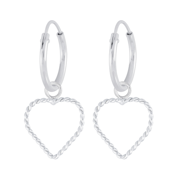 Silver Heart Charm Hoop Earrings - 6962
