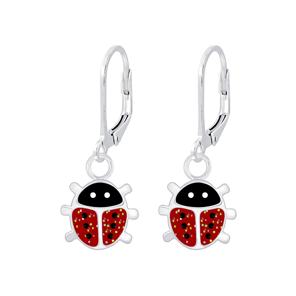 Silver Ladybug Lever Back Earrings - 6938